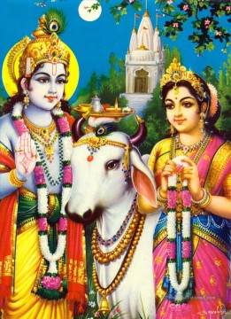Radha Krishna et moutons hindous Peinture à l'huile